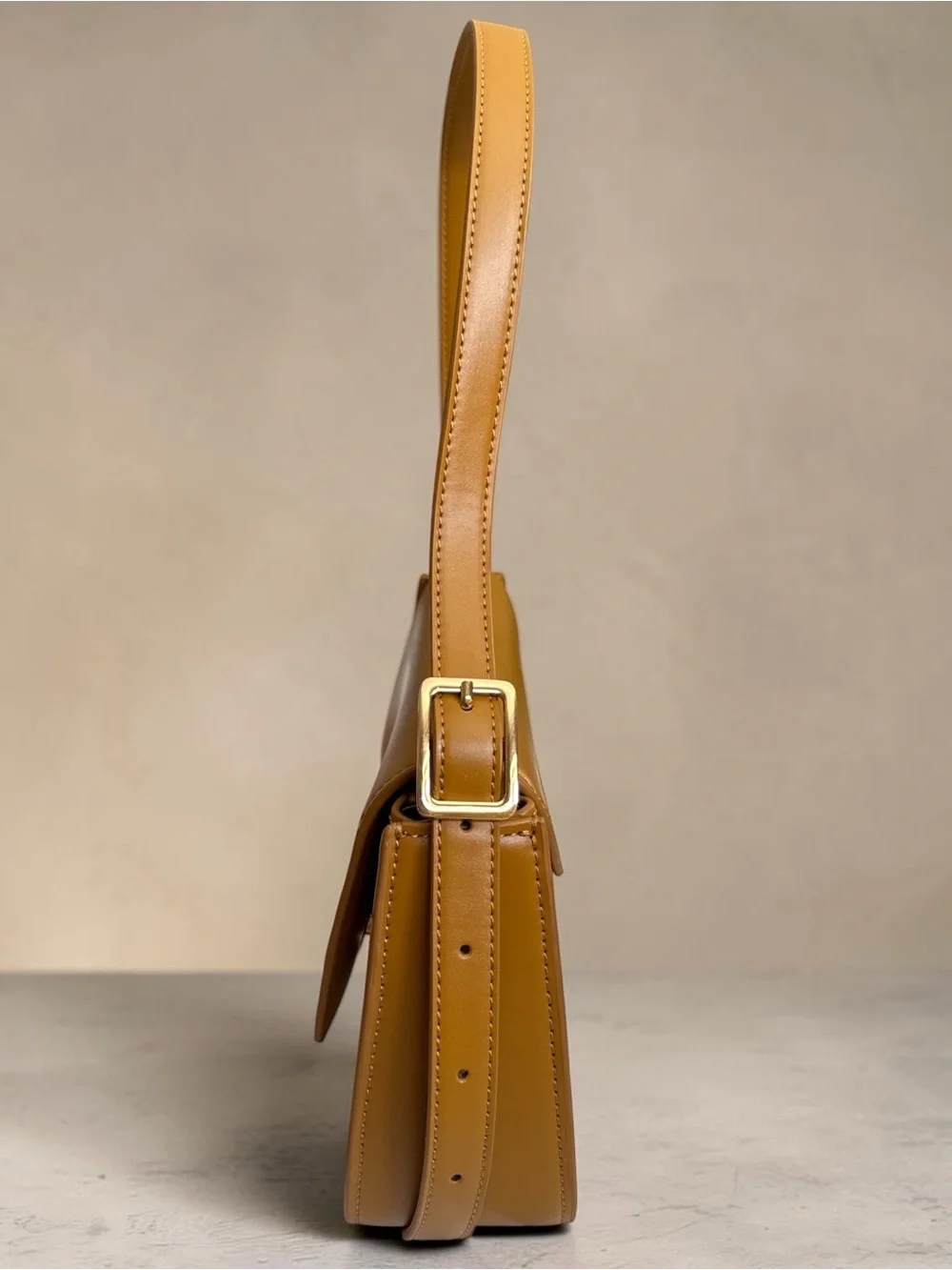 Tan Faux Leather Shoulder Bag Adjustable Strap Crossbody Minimalist Baguette